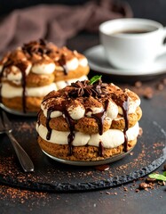 Close-up of coffee and two tiramisu desserts on a dark plate