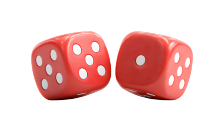 Close up of two red six sided dice showing the numbers five and one against a clean white background, isolated studio shot