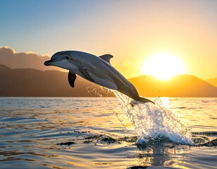 Obraz premium Dolphin leaping from ocean during golden hour sunset with hills