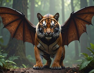 A majestic winged tiger stands in a lush, misty forest, looking directly at the viewer with an intense gaze.