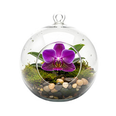 Small glass terrarium with purple orchid
