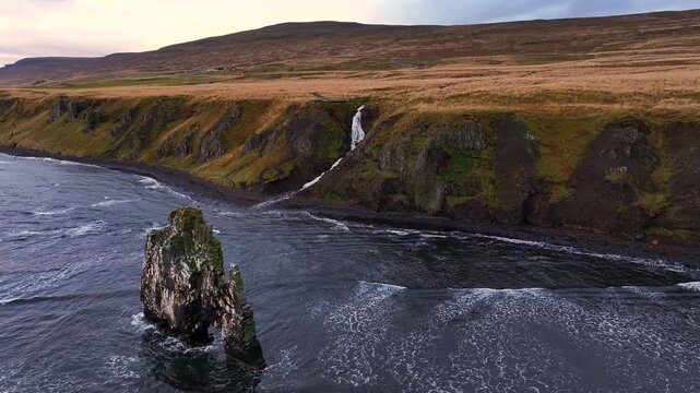 Aerial view of the coastal scenery around Hvitserkur in the north of Iceland