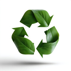 Recycling symbol made of green leaves, eco friendly concept, sustainability, environmental conservation, clean white background