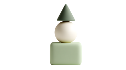 A precarious vertical stack of soft geometric forms in muted green and white hues on a plain white background