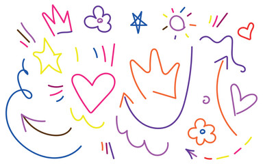 Playful handdrawn doodle design elements collection featuring colorful hearts stars crowns arrows and suns for cheerful creative projects