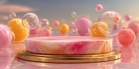 Abstract luxury 3D scene featuring a round marble podium in soft pink and peach tones, surrounded by floating glossy spheres. Elegant pastel colors and reflective surfaces create a premium