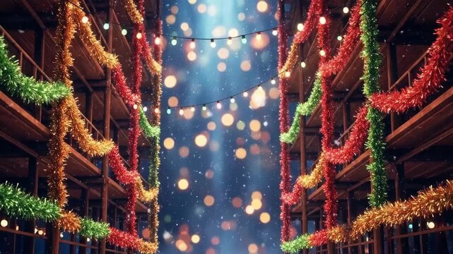 Christmas tinsel garlands and string lights on a dark background with falling snow. Festive decoration for winter holidays and celebration.