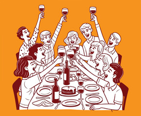 Bold Two-Color Vector: Group Dinner Celebration and Toast