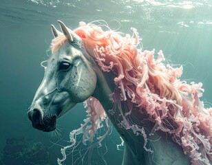 A majestic white unicorn-like creature with a flowing pink jellyfish mane swims gracefully underwater.