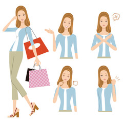 長袖とズボンの洋服を着て買い物をする女性と上半身で色々なポーズ
