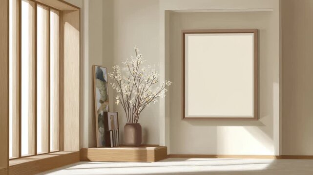 Bright and minimalist living room with natural light highlighting a framed empty canvas and decorative elements in soft neutral tones