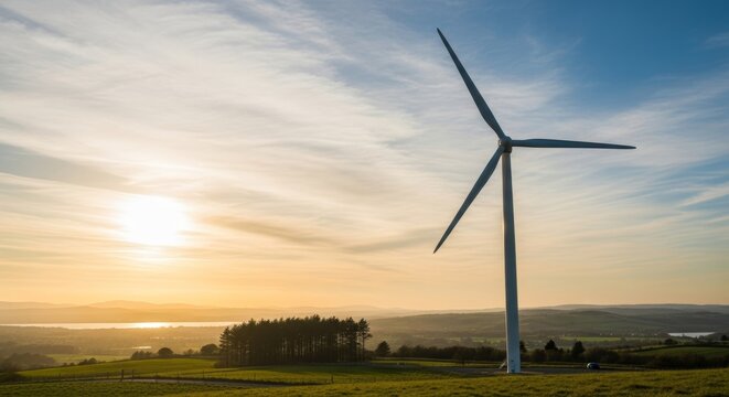 Wind turbine standing on a hill at sunset in a rural landscape with forest and water, representing renewable energy and sustainability. - Powered by Adobe