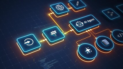 AI agent automation workflow diagram with connected nodes on futuristic digital technology interface - Powered by Adobe