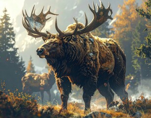 A majestic moose with large antlers stands prominently in a sunlit forest clearing, with mountains and another moose in the background.