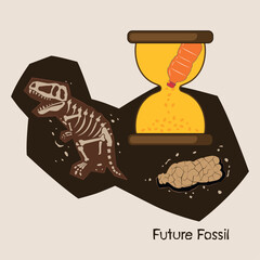 Illustration of plastic pollution as future fossil, plastic bottle in hourglass beside dinosaur bones underground, symbolizing time, permanence, and lasting environmental impact of plastic waste.