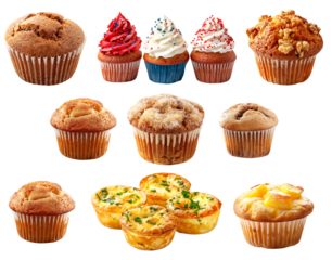 Walnut chocolate muffin and cupcake topped with rich creamy frosting isolated on white transparent background