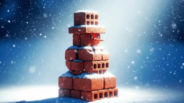 Snowman made of brick standing in snow with falling snowflakes. Holiday greeting card, Christmas and New Year concept.