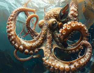 A detailed close-up of a large brown octopus swimming gracefully underwater with its tentacles spread.