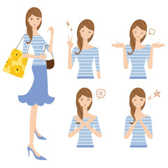ボーダーの洋服を着て買い物をする女性と上半身で色々なポーズ