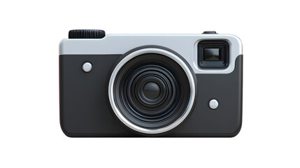 A simple camera icon with a square body and a large central lens on a white background