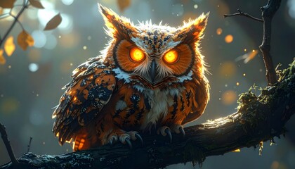 Mystical owl with glowing orange eyes perched on a mossy tree branch in a dark, enchanted forest setting.