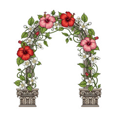 Floral archway with red hibiscus and greenery
