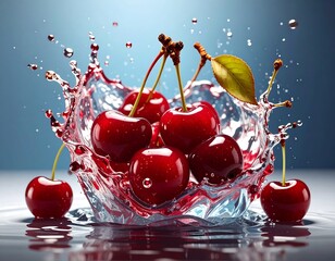 Close-up of ripe, red cherries submerged in a vibrant water splash