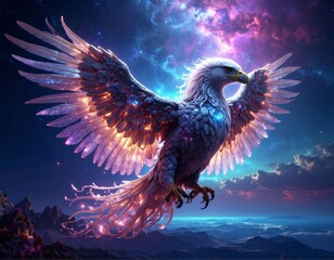 A majestic, glowing fantasy eagle with iridescent wings soaring through a vibrant cosmic night sky above mystical mountains.