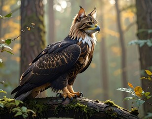 A majestic cat-eagle hybrid creature with lynx-like ears perched on a mossy branch in a sunlit forest.