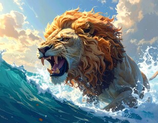 A powerful lion with a golden mane roaring fiercely as it emerges from dynamic blue ocean waves under a dramatic sky, showcasing strength and wild beauty.