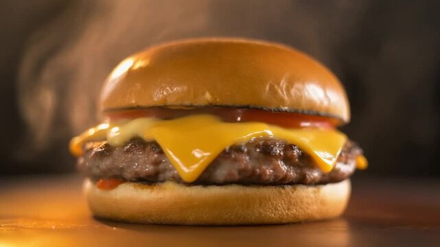 A close-up shot of a juicy double cheeseburger on a wooden surface with a dark background, conveying a savory and appetizing mood.
