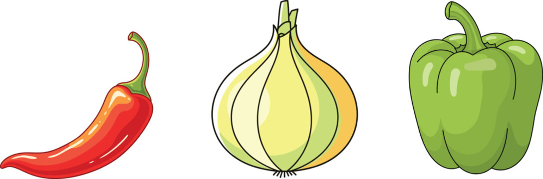 flat vector illustration of chili pepper onion and bell pepper