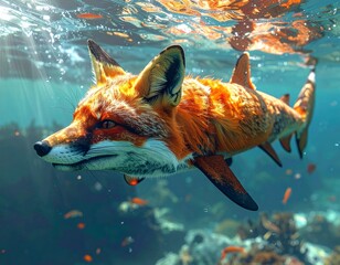 A surreal fox-shark hybrid creature swimming gracefully underwater among small fish and coral.