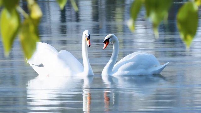 Pair of White Mute Swans Gliding on Tranquil Lake