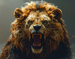 A majestic male lion with a full mane roaring fiercely, showcasing its sharp teeth and powerful presence.