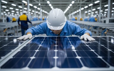 This close-up shot focuses on a worker's hands and face as he meticulously examines a solar panel. 