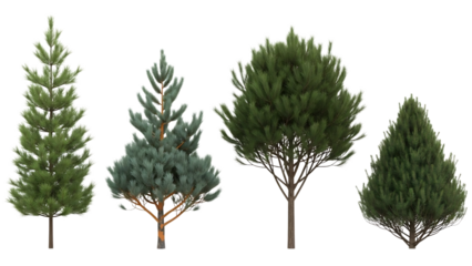 Four different types of evergreen trees on a transparent  background
