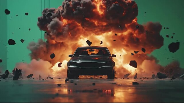 A car emerges from a fiery explosion in a dramatic, action-packed scene.