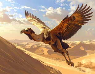 A fantastical winged camel soars over a vast desert landscape with sand dunes under a bright sky.