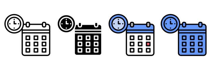 Planning Schedule Icon Set Multiple Style Collection. Calendar, Clock, Notebook, Checklist, Meeting, Reminder, Task List, Planner, Deadline, Appointment, Goal, Event, Priority, Progress, Strategy, Age