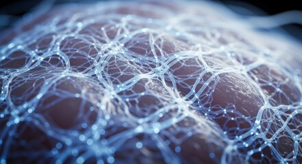 Abstract depiction of nerve cell network with glowing connections. Biology and neuroscience concept. Medical science research rendering for health.