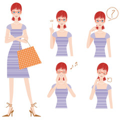 ワンピースを着て買い物をする女性と上半身で色々なポーズ