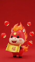 Cute red horse cartoon character holding a scroll with chinese text and red lanterns.