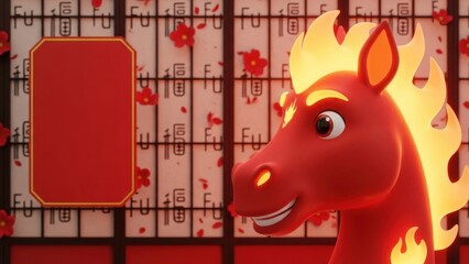 Cartoon red horse with fiery mane and frame on oriental background for chinese new year.
