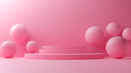 Abstract luxury 3D scene featuring a round pink podium in soft pink tones, surrounded by pink spheres, ideal for cosmetic, skincare, beauty, wellness, or luxury product presentations