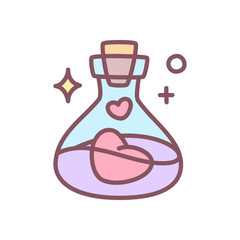 Cute love potion icon. Glass vial with pink liquid and floating heart, whimsical elixir for magical themes. Kawaii sticker. Vector 10 EPS.