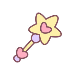 Cute magic wand icon. Short magic wand topped with a star and small heart detail, fantasy accessory in soft tones. Kawaii sticker. Vector 10 EPS.