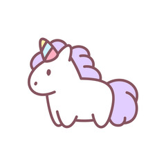 Cute unicorn icon. Tiny pastel unicorn with a purple mane and a rainbow horn. Kawaii sticker. Vector 10 EPS.