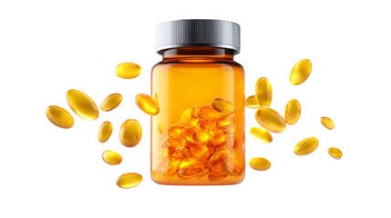 supplement bottle with glowing vitamins around it, clean white backdrop