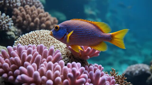 A colorful fish swims among vibrant coral in a serene underwater scene.